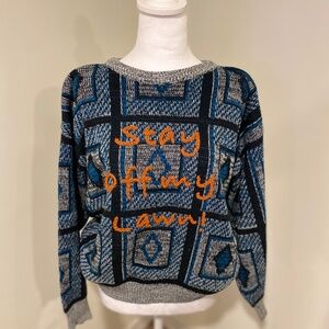 Geometric Patterned Crew Neck Sweater - Blue and Gray